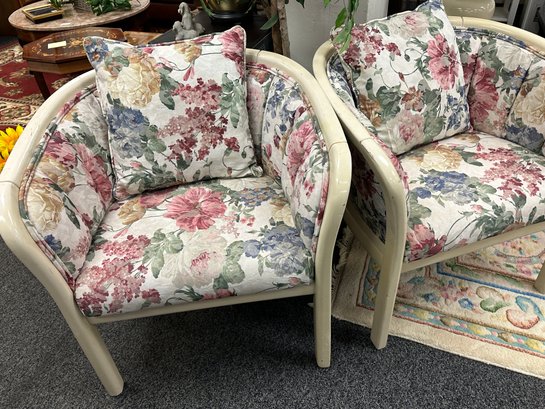 Pair Floral Fabric Chairs With Cream Colored Wood Legs And Trim