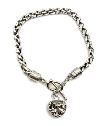 Beautiful Vintage Sterling Silver Braided With Heart Charm Bracelet