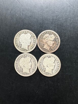 4 Barber Silver Dimes 1911, 1912, 1913, 1916