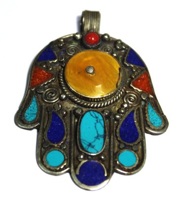 Silver Tone Hamsa Large Pendant Turquoise, Coral, Lapis And Amber