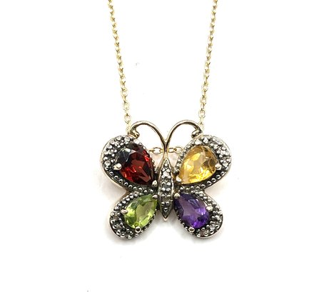 Beautiful Sterling Silver Vermeil Multi Color Stone Butterfly On Italian Sterling Silver Vermeil Chain