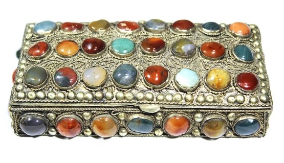 India Indian Silver Plated Brass Jewelry Box Having Cabochon Stones