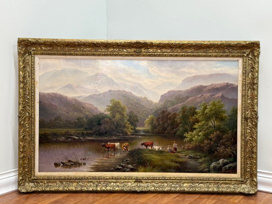Antique 1922 Daniel H. Winder Pastoral Landscape With Cattle, Signed Original Oil On Canvas, Ornate Gilt Frame