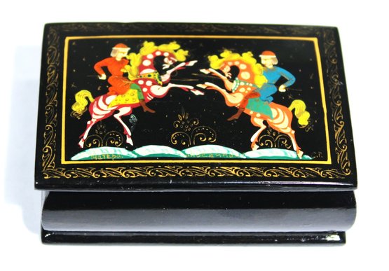 Vintage Russian Lacquer Hand Painted Box Having Hen On Horseback