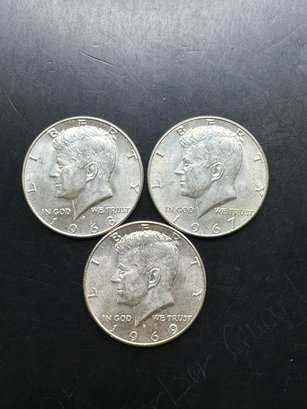 3 Forty Percent Silver Kennedy Half Dollars 1967, 1968-D, 1969-D