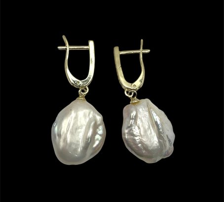 Beautiful Sterling Silver Vermeil Clear Stone Baroque Pearl Style Dangle Earrings