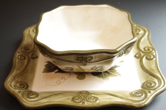Vintage Handpainted MERLOT Grapevine Bowl & Platter