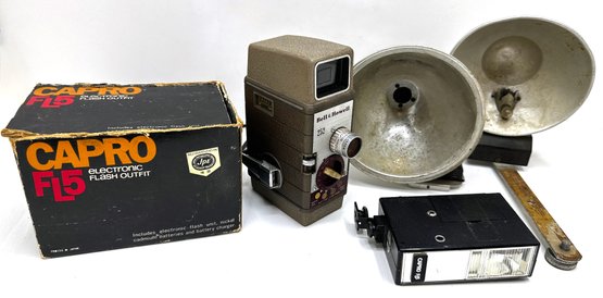 Vintage Bell & Howell 252 Super Comat Movie Camera, Capro FL Flash Outfit & Other Vintage Lights