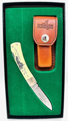 New In Box Schrade Carved Handle Pocket Knife With Leather Case, Personalized
