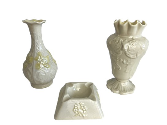 Belleek Trio: Two Vases & Ashtray