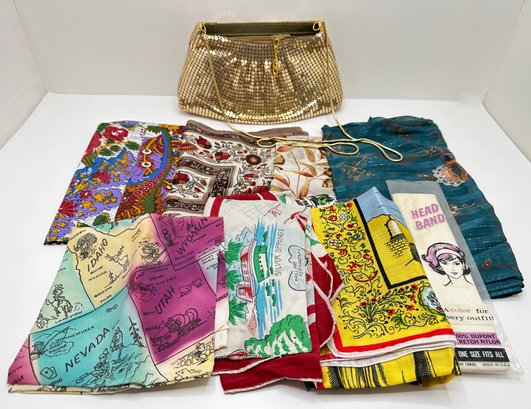 Vintage Gold Mesh Handbag & 8 Scarves, One By Oscar De La Renta, Mostly Vintage