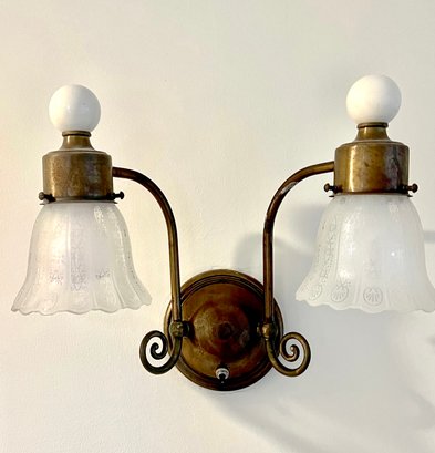 A Pair Of Antique Victorian Tulip  Sconces With Etched Glass Shades And Porcelain Knobs