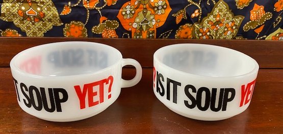 Pair Of Vintage Glasbake Is It Soup Yet? Soup Mugs