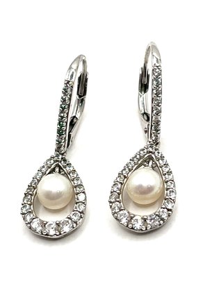 Sterling Silver White Pearl Color Clear Stones Dangle Earrings