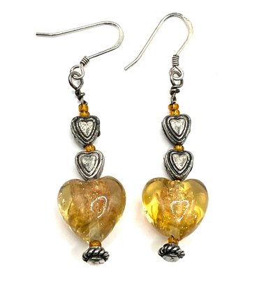 Sterling Silver Amber Color Beaded Heart Dangle Earrings