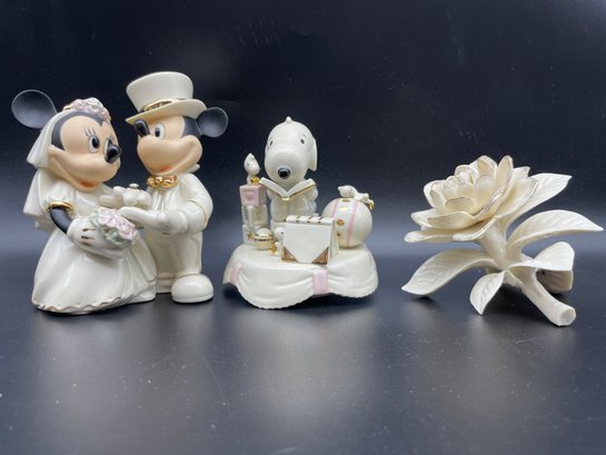 Lenox Porcelain - Minnie's Dream Wedding , Snoopy Keepsake Music Box And A Classic Gardenia.