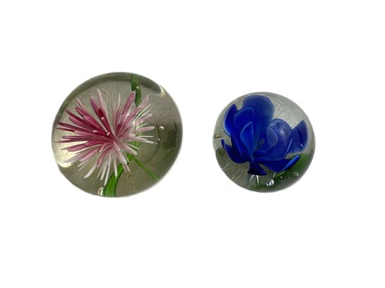 Two Flower Form Art Glass Paperweights