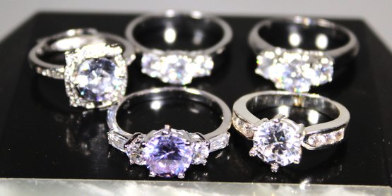Lot A Five Silver Tone CZ Ladies Rings Various Sizes
