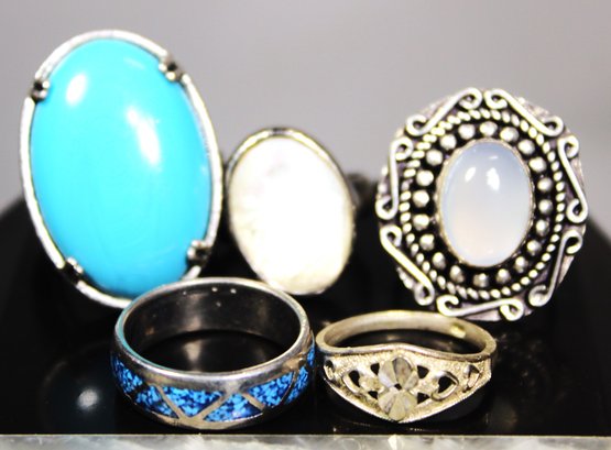 Lot Of Five Ladies Rings, Turquoise, Mother Of Pearl, Moonstone, Etc.