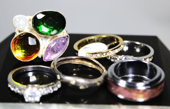 Lot H Six Silver And Gold Tone Ladies Rings CZ And Gemstones And Enamel