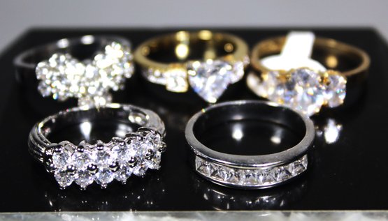 Lot I Five Gold And Silver Tone CZ Ladies Rings Various Sizes