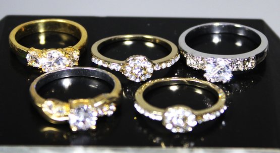 Lot J Five Ladies Gold And Silver Tone Rings CZ Stones