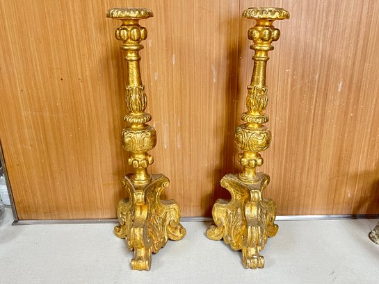 Pair Of Gold Painted Wood Candle Sticks