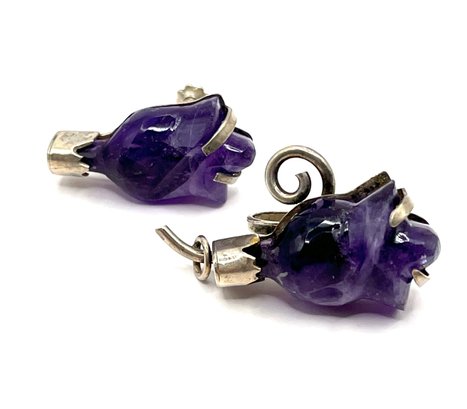 Vintage Mexican Sterling Silver Amethyst Color Stone Screw On Earrings