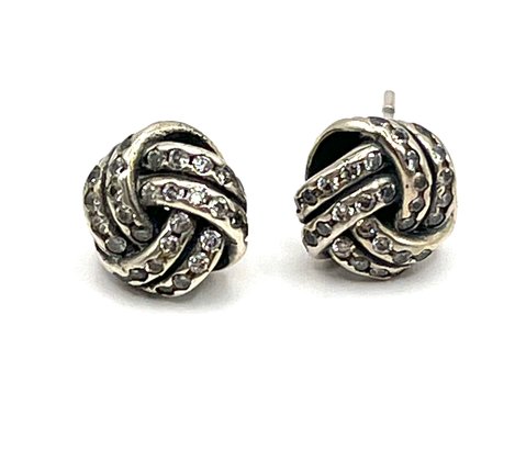 Vintage Sterling Silver Clear Stones Knotted Stud Earrings