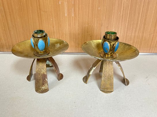 Pair Of Vintage Brass Candle Sticks With Turquoise Details