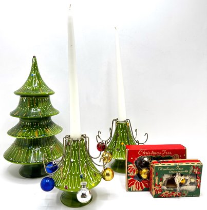 Vintage Italian Hand Painted Christmas Tree Candy Dish  & 2 Candle Holders With Mini Ornaments