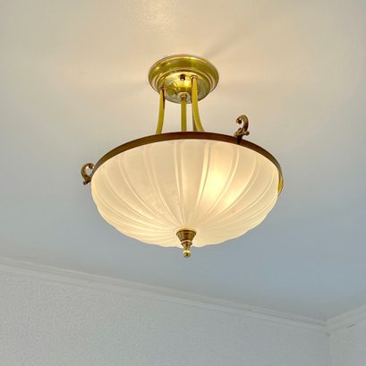 A Victorian Style Semi Flush Light Fixture - Brass - Frosted Glass Fluted Shade