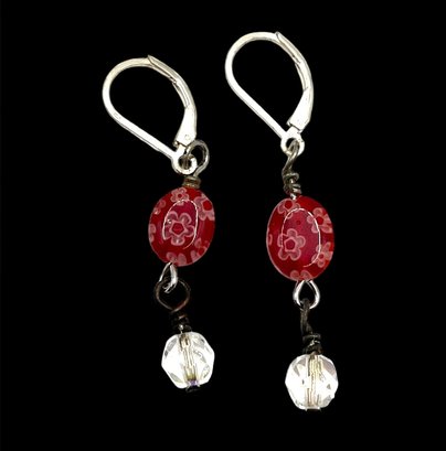 Beautiful Sterling Silver Red Flower Beaded Dangle Earrings