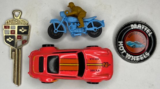 Vintage Toy Car Lot - Hot Wheels 1974 Turbo Racer - Redline Button Badge - Studebaker Key Blank - Motorcycle
