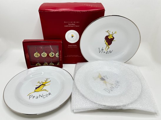 Set 8 Pottery Barn Reindeer Dessert Plates, 4 New In Box, All Unused & Matching New In Box Wine Charms