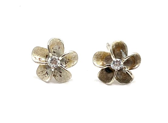 Vintage Sterling Silver Clear Stone Flower Stud Earrings