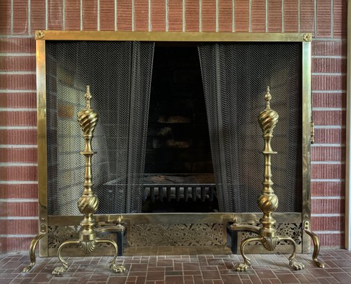 Pair Of Antique Brass Andirons And Fireplace Screen