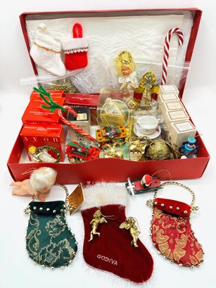 Over 40 Vintage Christmas Ornaments Including New In Box Avon & Godiva Stockings