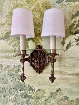 A Set Of 5 Victorian Style Metal  Wall Sconces With Fabric Shades