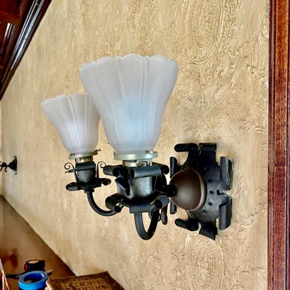 A Set Of 3 Antique Victorian Metal Double Light Sconces With Glass Shades