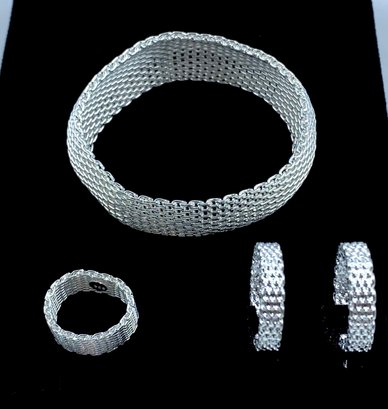 Tiffany And Co. Style 925 Sterling Silver Mesh Jewelry Suite