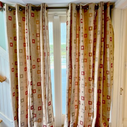 A Set Of 4 Tan Square Patterned Grommet Curtains - Adjustable Curtain Rod