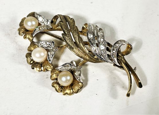 Silver And Diamond And Pearl Continental Gold Over Sterling Floral Spray Brooch