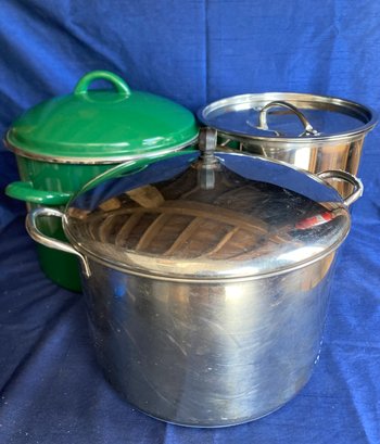 3 Large Soup, Canning, Cooking Pots  All Approx 16 Qt. One Marked JB