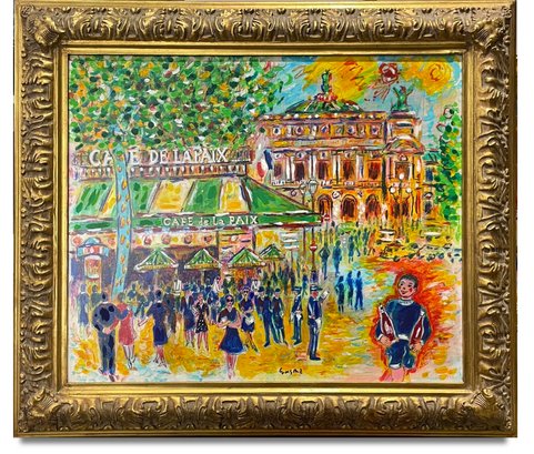 A Vintage Oil On Canvas - Parisian Street Scene, Cafe De La Paix, Signed