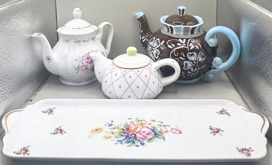 Lot Of Beautiful Table Decor: 3 Teapots & 1 Serving Tray