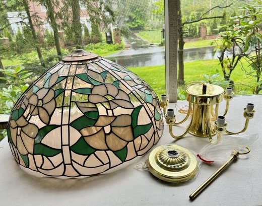 Vintage New In Box - Large Faux Stained Glass Hanging Lamp