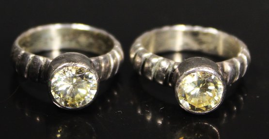 Pair Of Fine Heavy Sterling Silver Ladies Rings Having Champagne Colored Gemstones Sizes 6 And 6.5