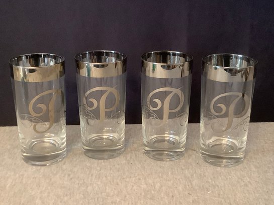 P Initialed Silver Trimmed Drinking Glasses