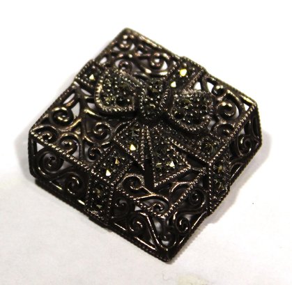 Contemporary Sterling Silver Marcasite 'gift Box' Shaped Brooch